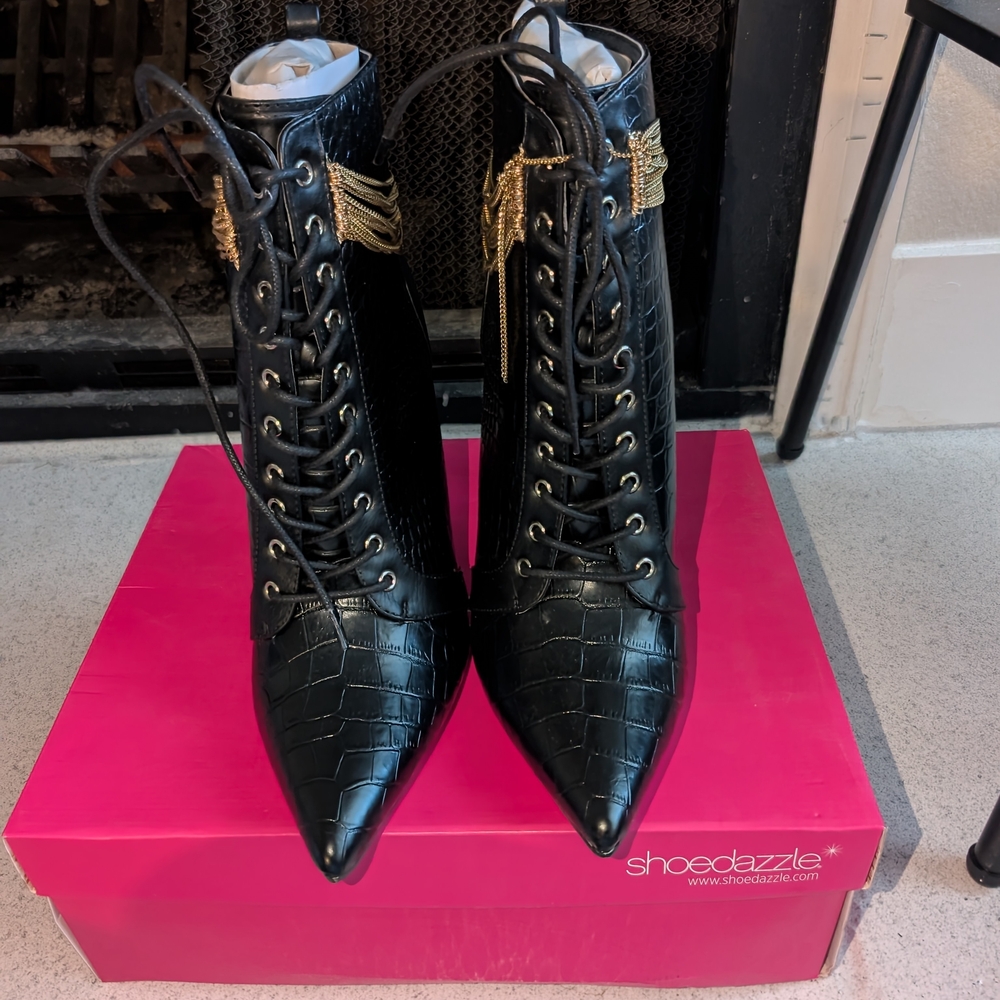 Shoe Dazzle Black Croc-Embossed Lace-Up Stiletto Booties with Gold Chain Fringe - Picture 3 of 5